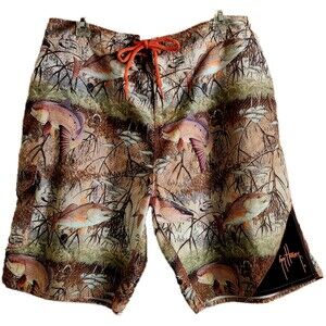 Guy Harvey Board Shorts Size 36 Camo Fish Logo Sportsman Camping Outdoors EUC